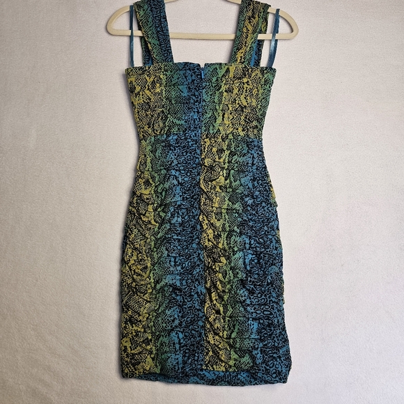 BCBG Max Azria - Blue, Turqouise, & Yellow Snakeskin Print Ruched Mesh Dress xxs - Picture 8 of 13